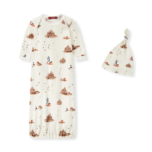 Organic cotton newborn gown and hat set with sandcastle and ocean print, soft and eco-friendly, ideal for newborn baby gifts