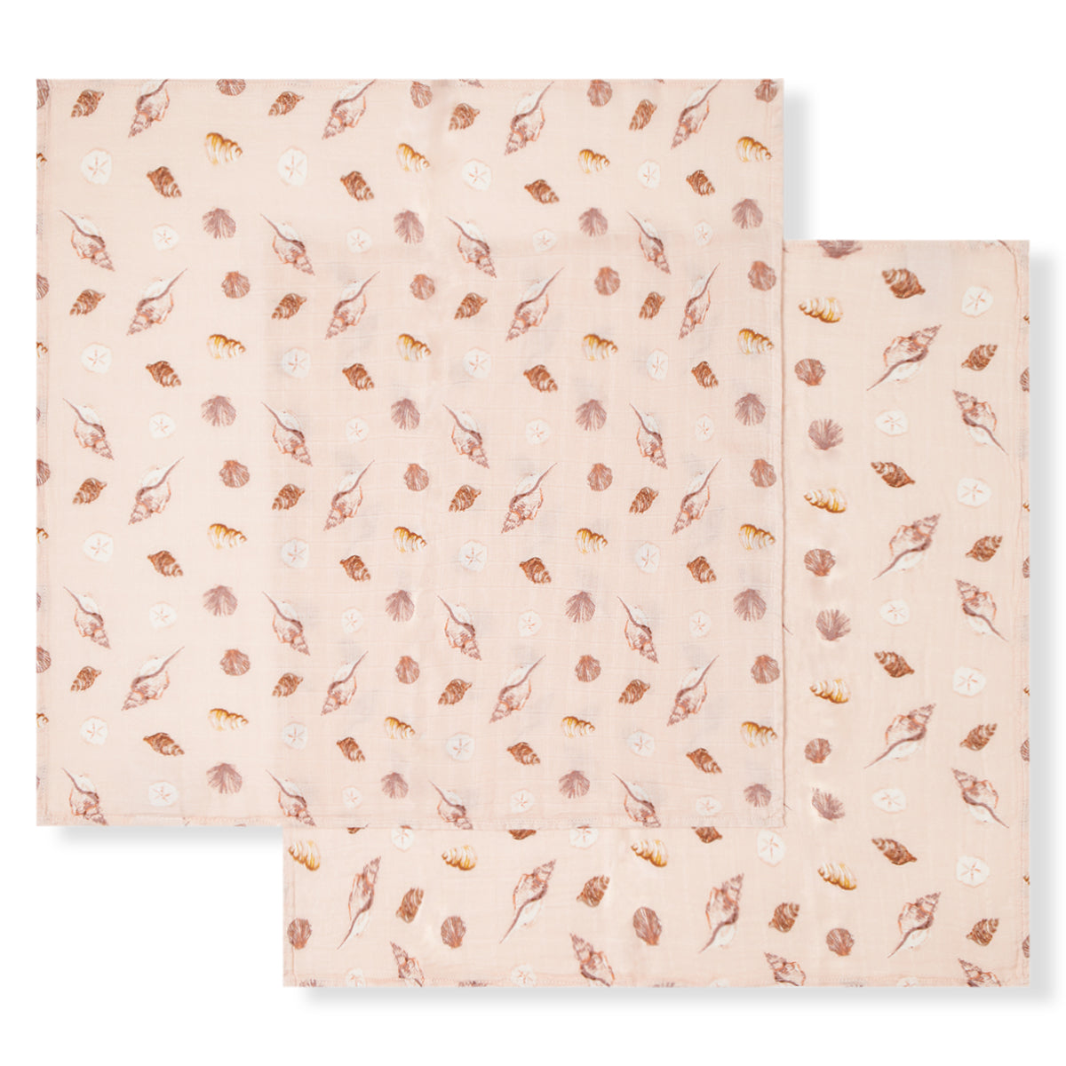 Two-piece bamboo muslin baby burp cloth set with pink seashell and sand dollar design, soft and gentle for newborns, ideal for beach-themed baby shower gifts