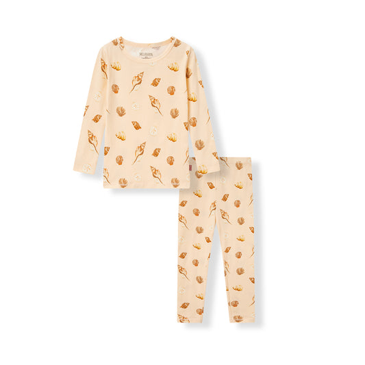 Cotton stretch pajama set with seashell print, soft breathable toddler sleepwear for beach lovers