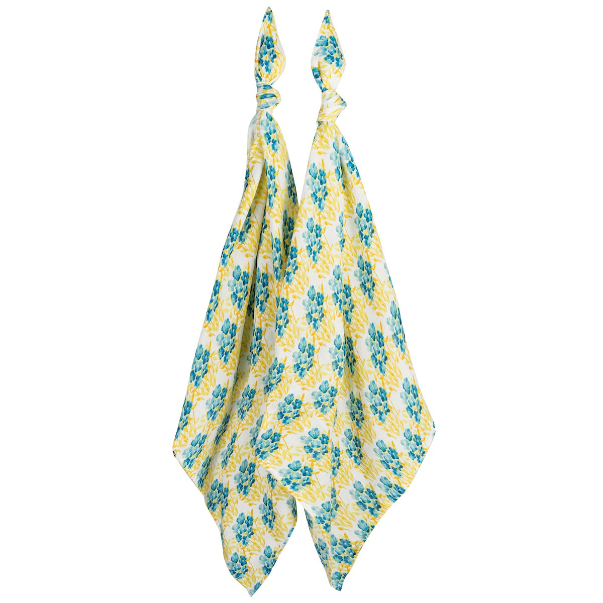 Two-piece bamboo muslin baby burp cloth set with white, light blue, and yellow floral print, soft and gentle for newborns, ideal for baby shower gifts