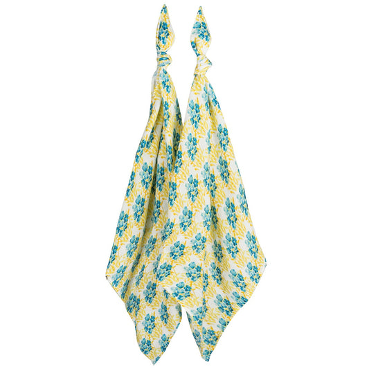 Two-piece bamboo muslin baby burp cloth set with white, light blue, and yellow floral print, soft and gentle for newborns, ideal for baby shower gifts