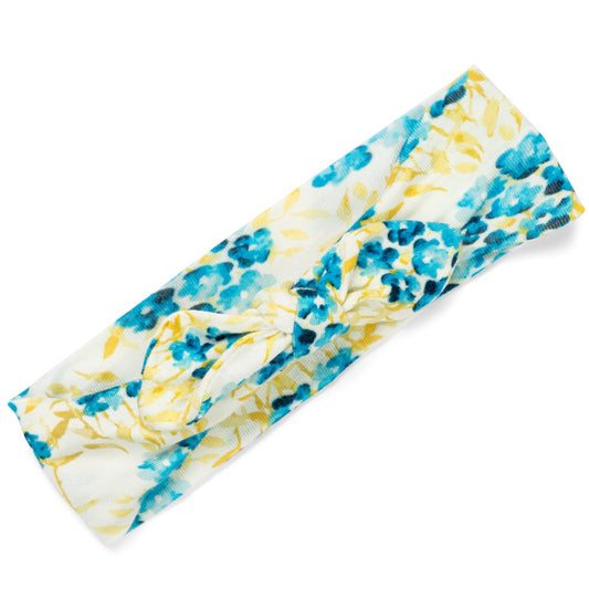 Baby girl bamboo knotted bow headband, sky floral white fabric with blue and yellow flowers