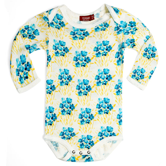 Milkbarn baby long sleeve one piece in white bamboo fabric with blue and yellow floral print, soft and breathable 100% viscose from bamboo for infants and toddlers