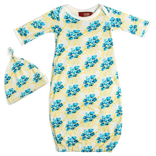 Bamboo newborn gown and hat set with white, light blue, and yellow floral print, soft and breathable, perfect baby gift for newborns