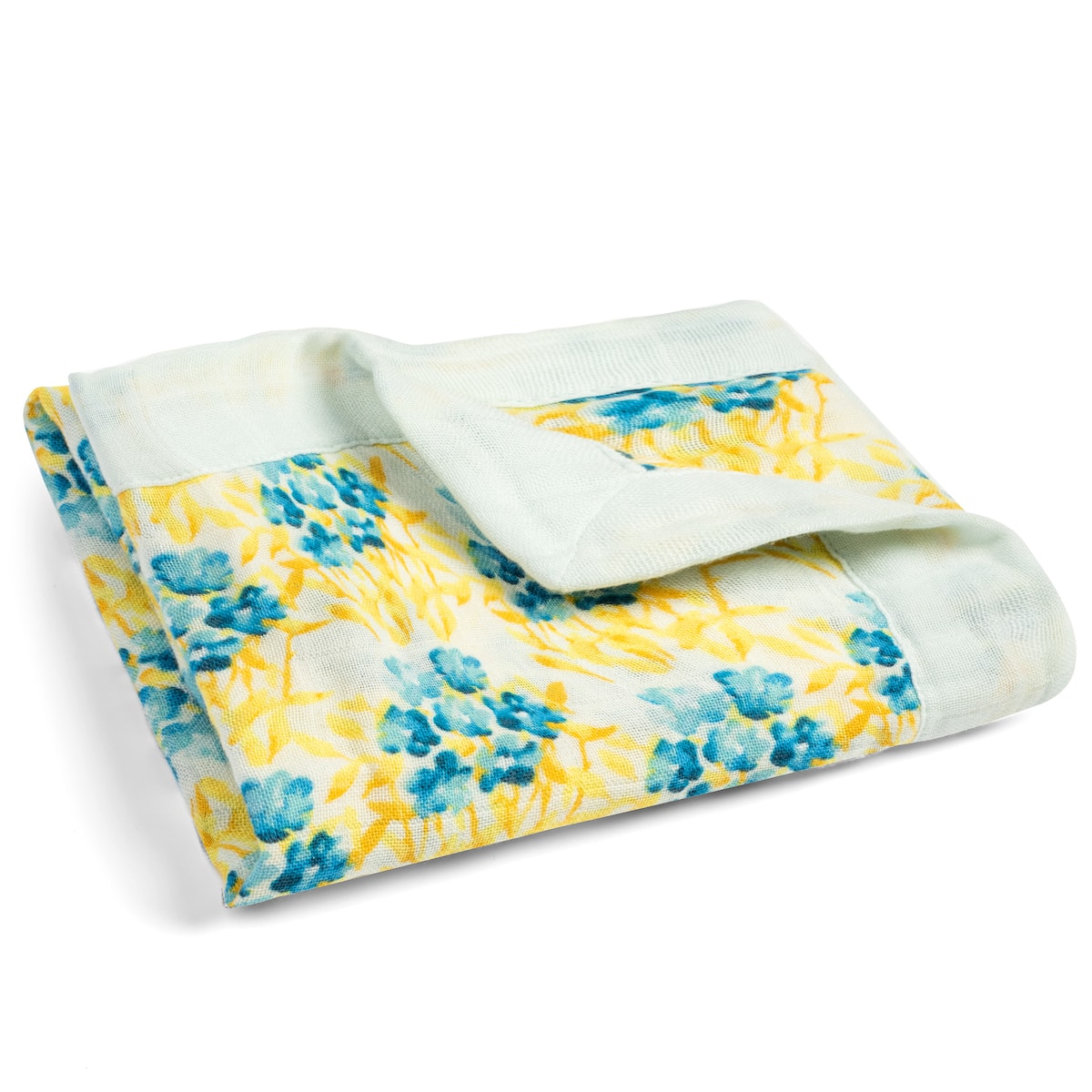 Closeup of Sky Floral Mini Lovey muslin floral fabric and trim detail folded blanket