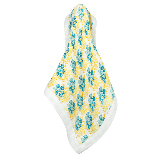 Hanging Sky Floral Mini Lovey two-layer muslin security blanket with white trim by Milkbarn