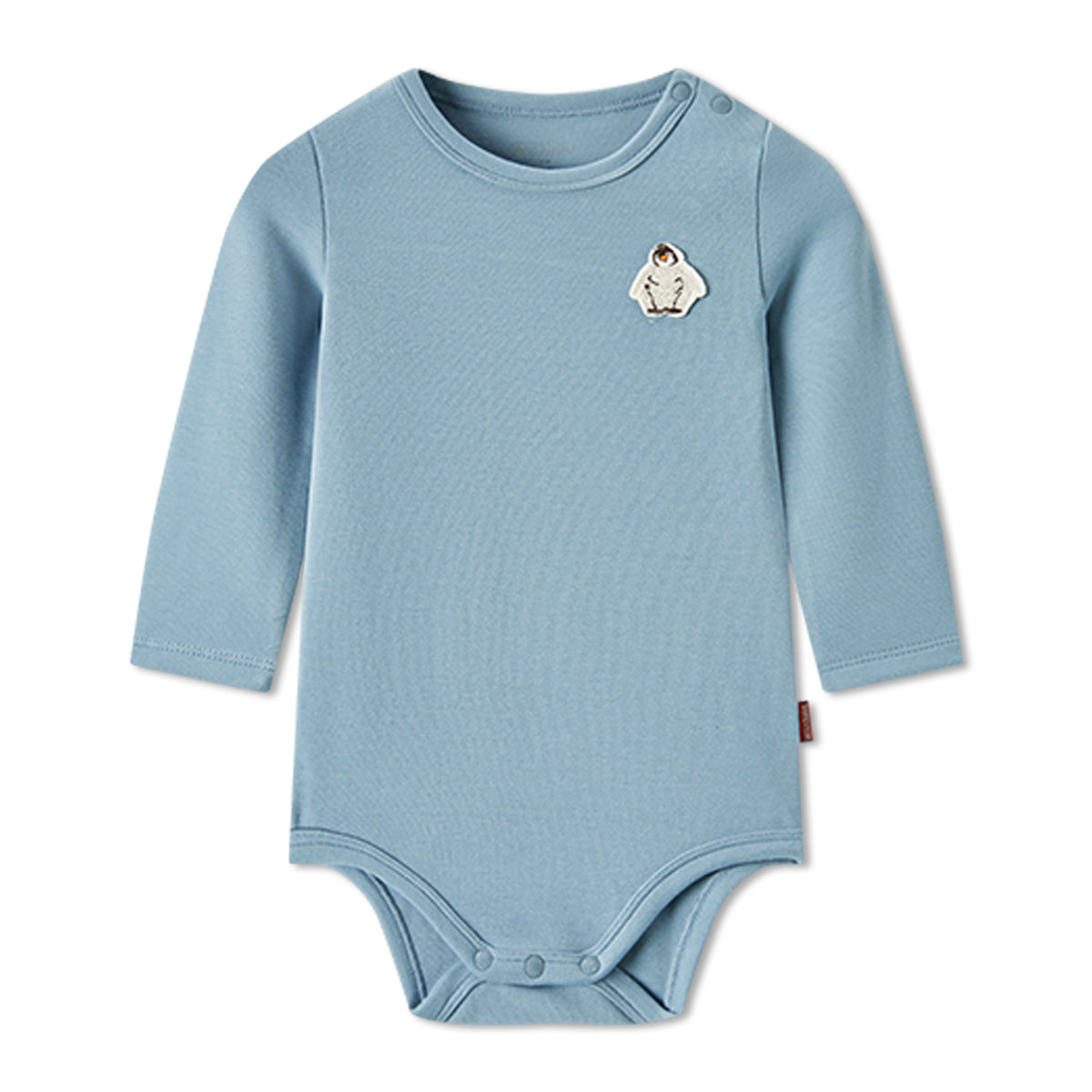 oft and stretchy brushed blend long sleeve baby one piece in light blue with penguin print, bamboo cotton spandex