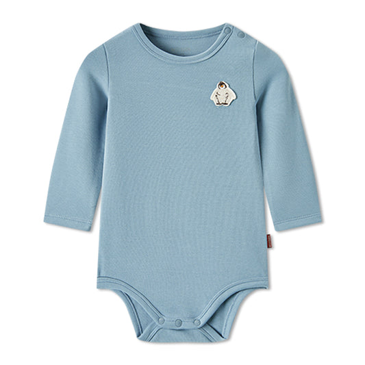 oft and stretchy brushed blend long sleeve baby one piece in light blue with penguin print, bamboo cotton spandex