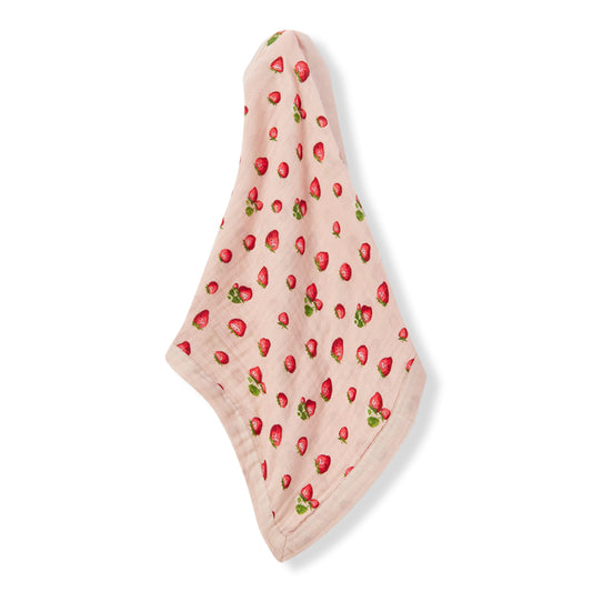 Hanging Strawberry Bamboo Mini Lovey muslin security blanket in pink with strawberry print by Milkbarn