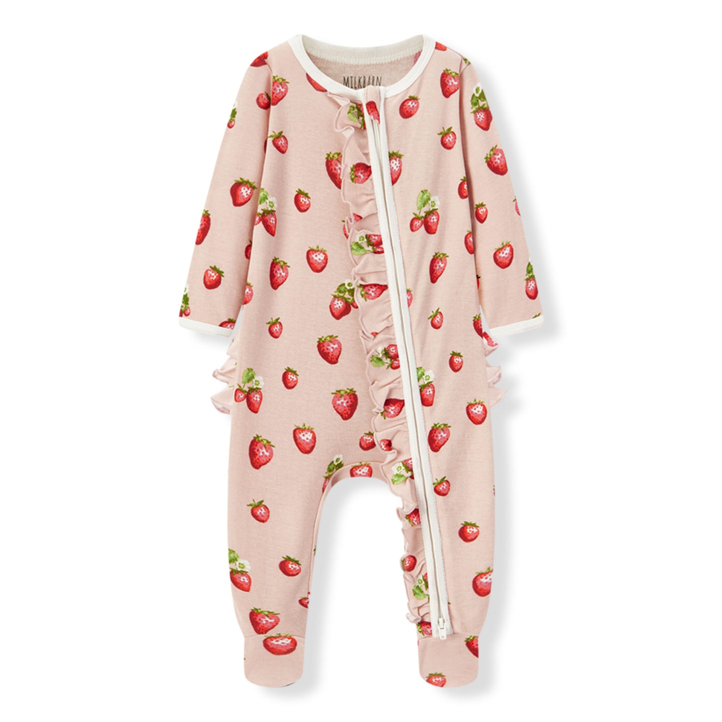 Strawberry print organic cotton ruffle footed romper (footie pajamas) for baby girls, gentle and breathable