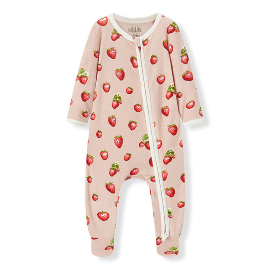 Strawberry print organic cotton zipper footed romper (footie pajamas) for babies, neutral style, easy to wear