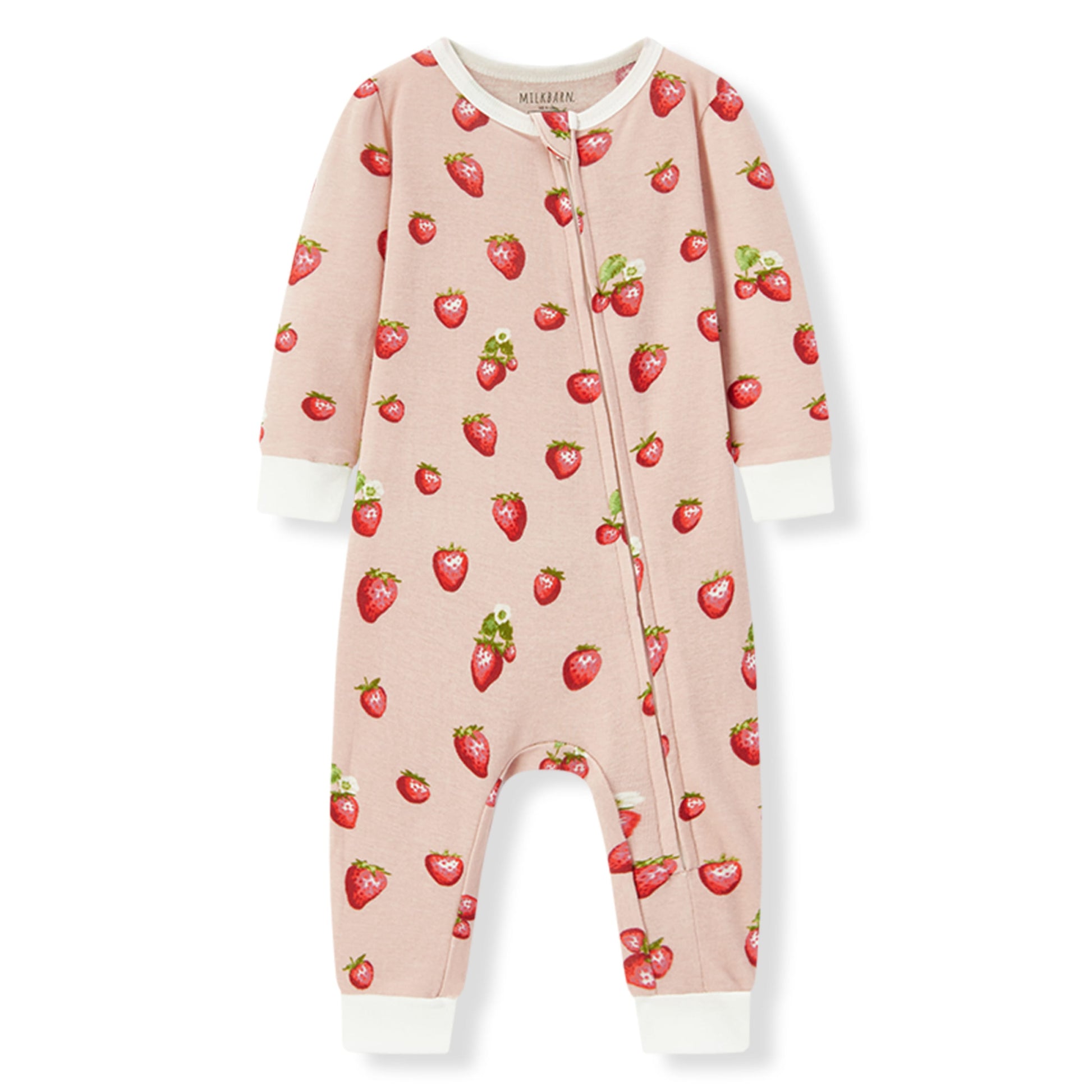 Milkbarn Strawberry Organic Cotton Zipper Pajama for baby girls, made of soft and breathable 100% organic cotton with playful strawberry pattern, gentle on skin and perfect for sleep and play
