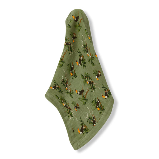 Hanging Toucan Bamboo Mini Lovey muslin security blanket in dark green with toucan print by Milkbarn
