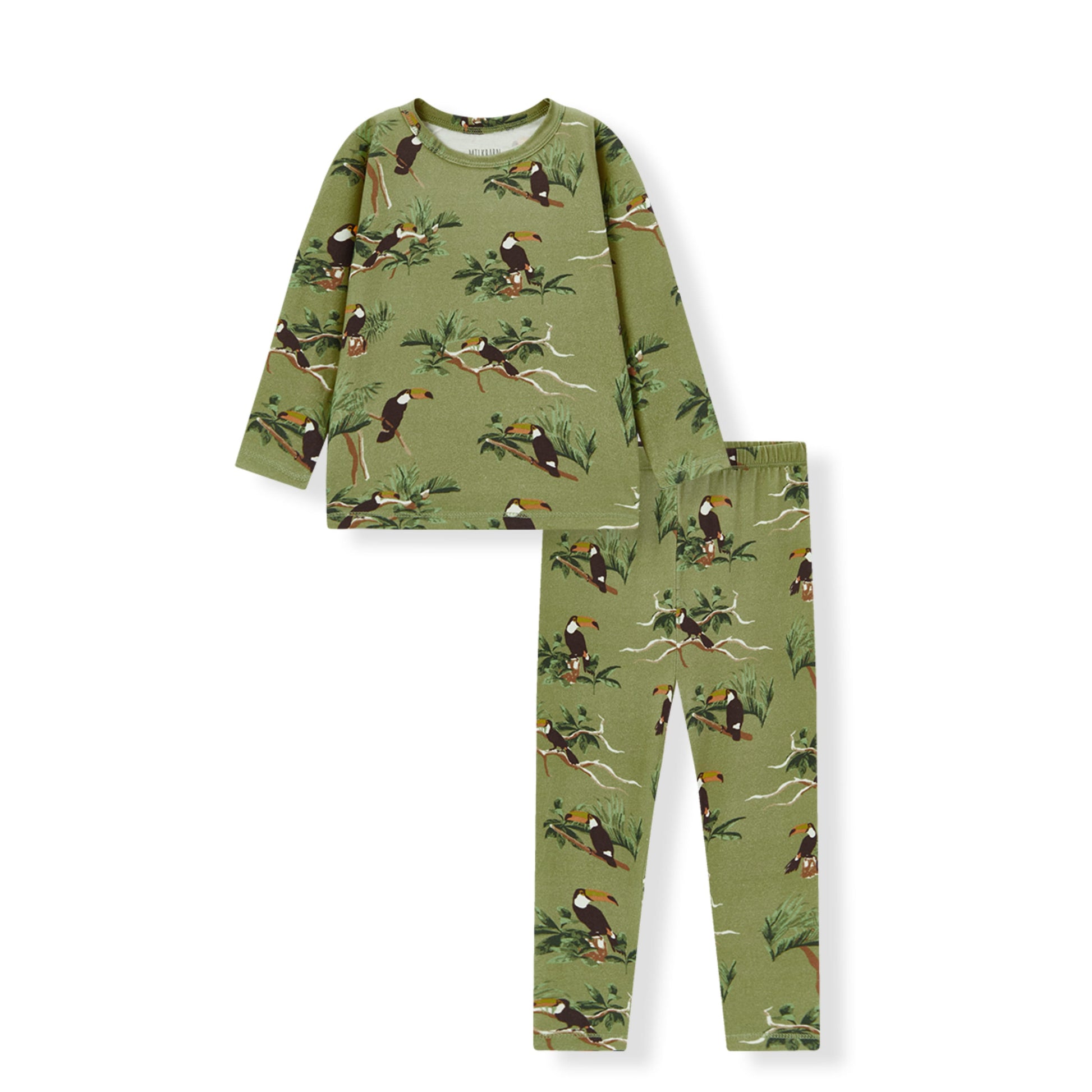 Cotton stretch pajama set with toucan tropical bird print, long sleeve top and pants for children’s sleepwear