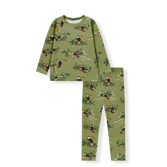 Cotton stretch pajama set with toucan tropical bird print, long sleeve top and pants for children’s sleepwear
