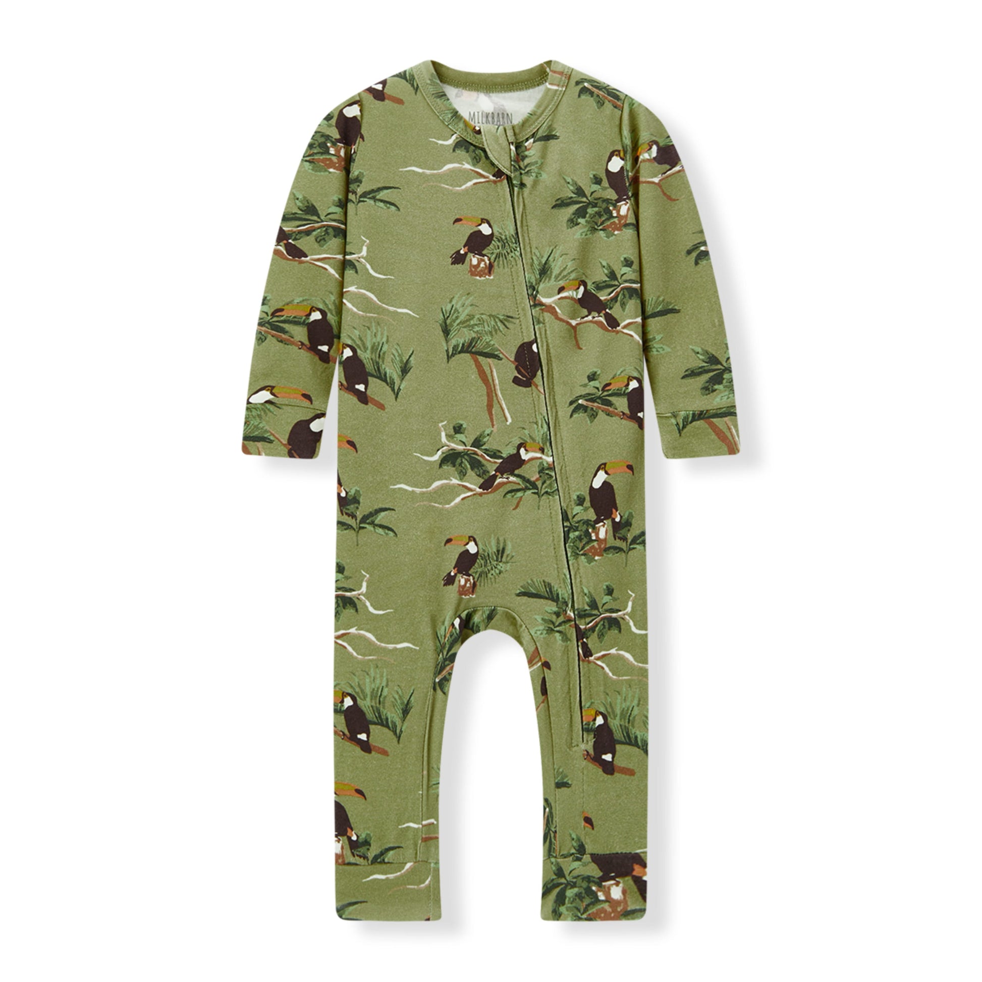 Milkbarn Toucan Cotton Stretch Zipper Pajama for babies, made of soft and stretchy cotton blend with playful toucan pattern, gentle on skin and comfortable for sleep and play