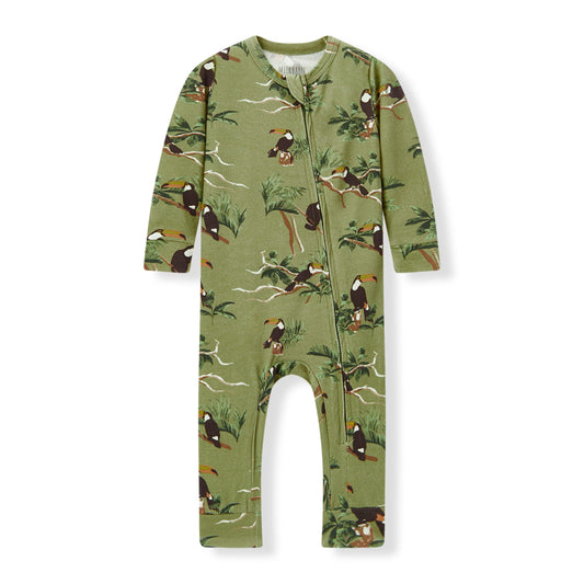 Milkbarn Toucan Cotton Stretch Zipper Pajama for babies, made of soft and stretchy cotton blend with playful toucan pattern, gentle on skin and comfortable for sleep and play