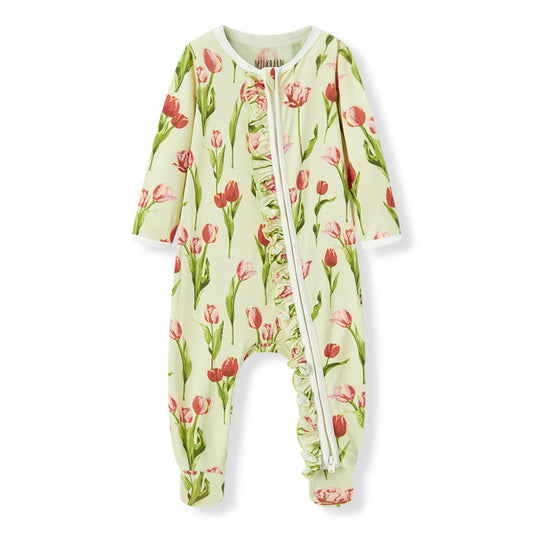 Tulip Luxe stretch bamboo footed romper (footie pajamas) for baby girls, soft, breathable, and gentle on sensitive skin