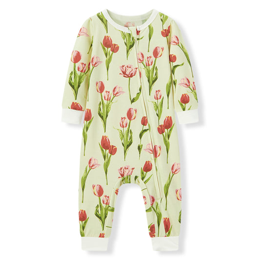 Milkbarn Tulip Luxe Stretch Zipper Pajama for babies, soft and breathable bamboo blend with playful tulip pattern, gentle on sensitive skin and comfortable for sleep and play