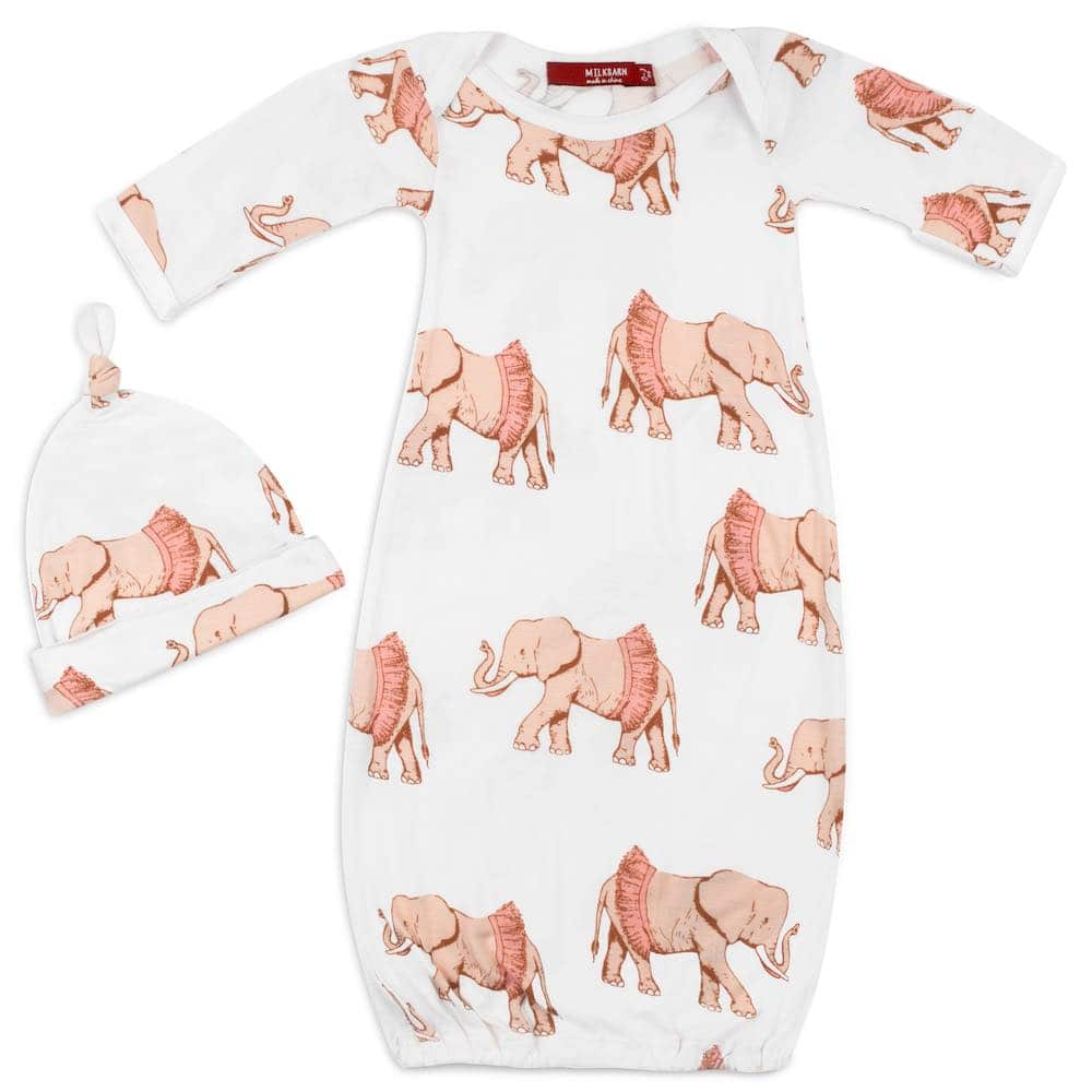 Soft bamboo newborn gown and hat set with ballerina elephant in tutu design, breathable and cozy, perfect baby girl gift