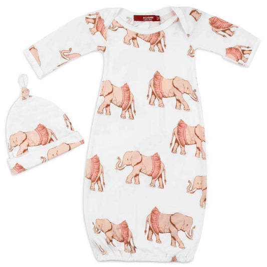 Soft bamboo newborn gown and hat set with ballerina elephant in tutu design, breathable and cozy, perfect baby girl gift
