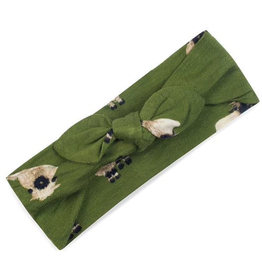 Baby girl bamboo knotted bow headband, dark green fabric with white Valais sheep and black noses