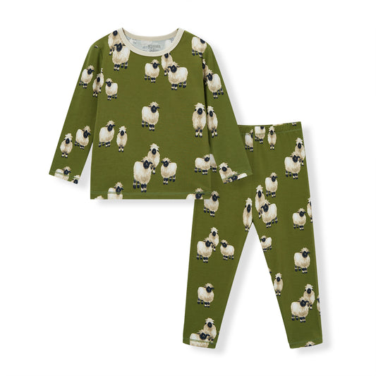 Cotton stretch pajama set for kids with valais sheep print, soft breathable two piece long sleeve sleepwear