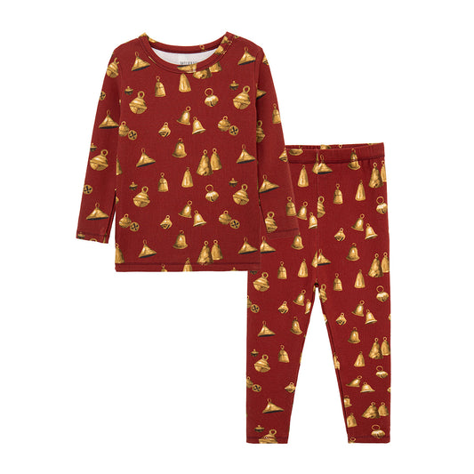 Brushed bamboo cotton pajama set with vintage bell print, long sleeve holiday sleepwear for children