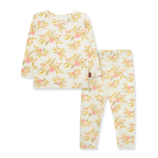Bamboo stretch pajama set with vintage floral print, soft breathable long sleeve sleepwear for toddler girls