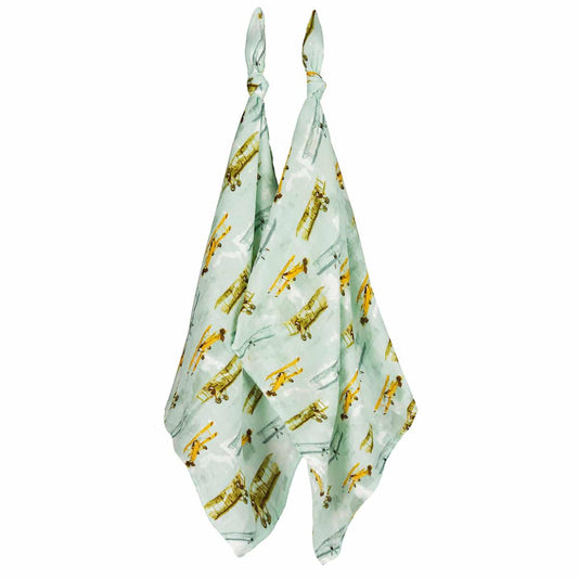 Two-piece organic cotton muslin baby burp cloth set with light blue vintage airplane design, soft and gentle for newborns and perfect for baby gifts