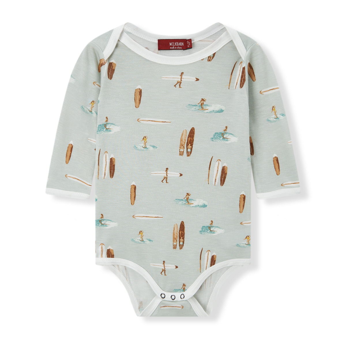 Soft and breathable bamboo long sleeve baby one piece in blue with surfing and surfboard print