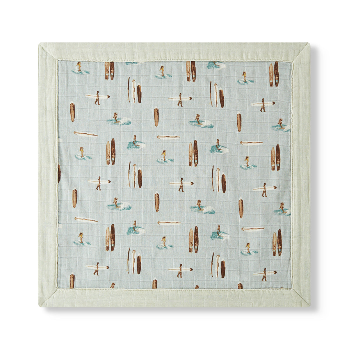 Flat Vintage Surf Mini Lovey two-layer muslin security blanket with surf print and light blue trim by Milkbarn