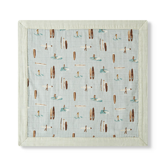 Flat Vintage Surf Mini Lovey two-layer muslin security blanket with surf print and light blue trim by Milkbarn