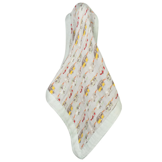 Hanging Vintage Trailers Mini Lovey two-layer muslin security blanket with trailer print and grey trim by Milkbarn
