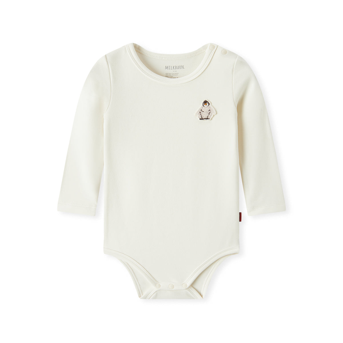 Soft and stretchy brushed blend long sleeve baby one piece in white with penguin print, bamboo cotton spandex