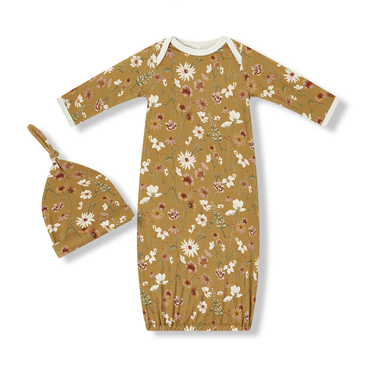 Luxe stretch newborn gown and hat set with brown, white, and pink wildflower print, soft and stretchy, perfect for newborn baby gifts