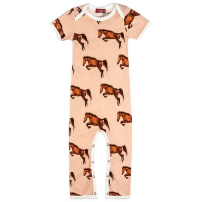 Rose or Pale Pink Organic Cotton Romper or Jumpsuit in the Horse or Stallion or Mare Print by Milkbarn Kids