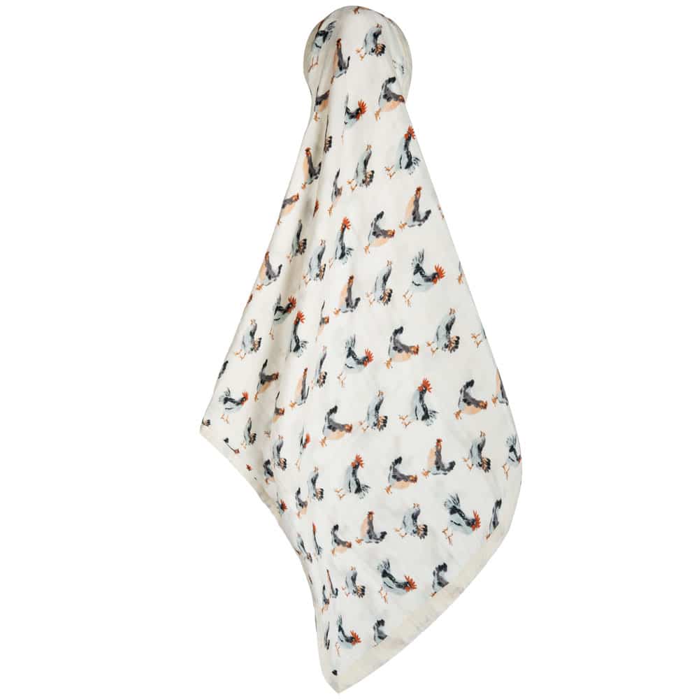 Unfolded White Color Big Lovey Blanket with the Chicken or Rooster Print Made of Organic Cotton and Bamboo by Milkbarn Kids