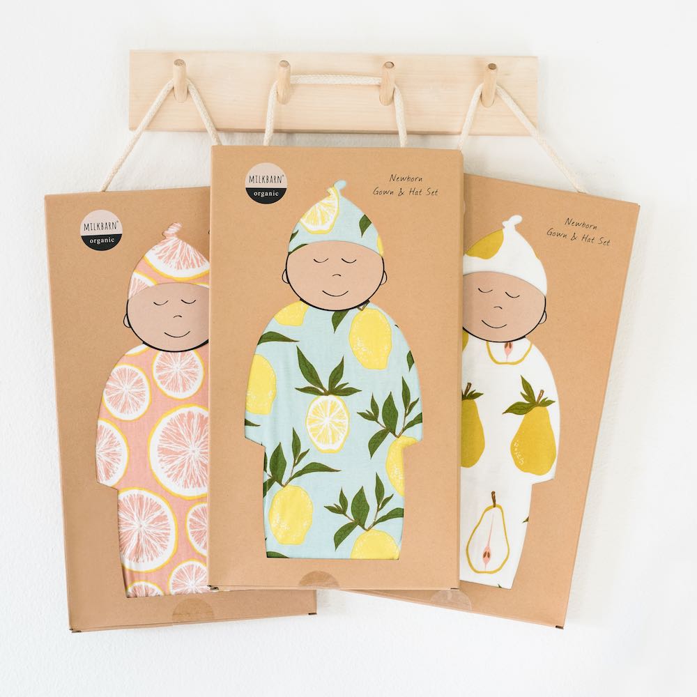 Milkbarn Kids Gown and Hat Set Packaged in a Kraft Gift Box