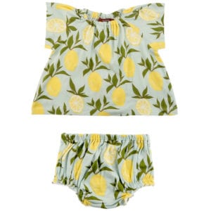 Mint or Pale Green Baby Girl Organic Cotton Dress and Bloomers with the Lemon Citrus Print by Milkbarn Kids