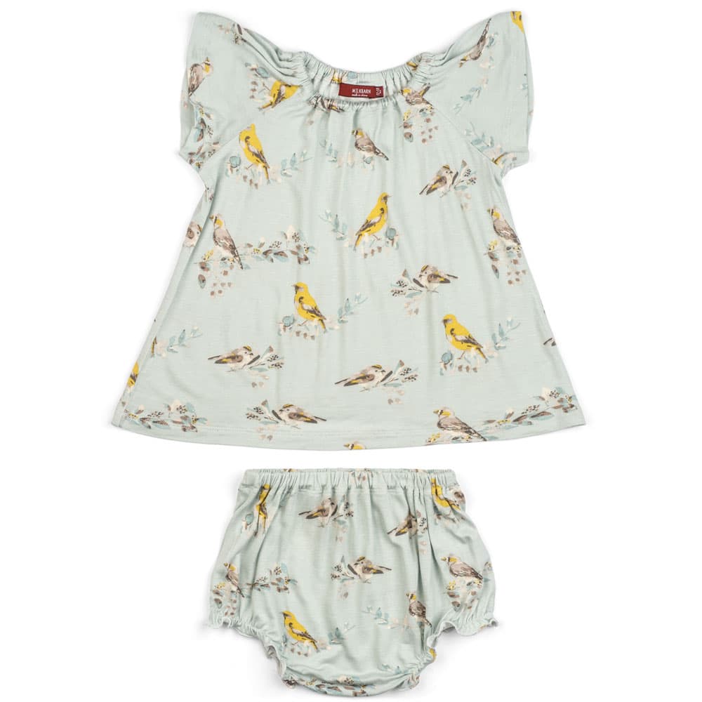 Light Blue or Pale Blue Baby Girl Bamboo Dress and Bloomers with the Blue Bird Print by Milkbarn Kids