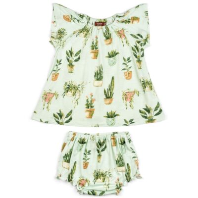 Mint or Light Green Baby Girl Bamboo Dress and Bloomers with the Potted Plants and Succulents Print by Milkbarn Kids