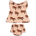 Rose or Light Pink Baby Girl Organic Cotton Dress and Bloomers with the Horse or Stallion or Mare Print by Milkbarn Kids