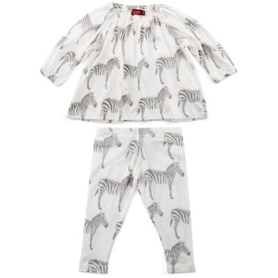 Baby Girl Organic Cotton Long Sleeve Dress and Legging Set in the Grey Zebra Print by Milkbarn Kids