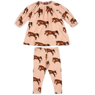 Rose or Light Pink Baby Girl Organic Cotton Dress and Leggings with the Horse or Stallion or Mare Print by Milkbarn Kids