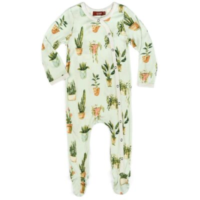 Milkbarn Kids Bamboo Baby Footed Romper in the Potted Plants Print