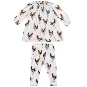 White or Natural Color Baby Girl Organic Cotton Dress and Leggings with the Chicken and Rooster Print by Milkbarn Kids
