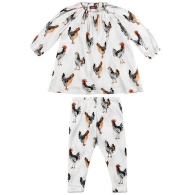 White or Natural Color Baby Girl Organic Cotton Dress and Leggings with the Chicken and Rooster Print by Milkbarn Kids