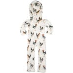 White Organic Cotton Hooded Romper or Jumpsuit in the Chicken and Rooster Print by Milkbarn Kids