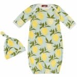Milkbarn Kids organic newborn and baby gown and hat set in the lemon print